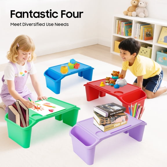 4-Pack Lap Desk Tray with Raised Edges and Cup Holder, 502518cm Portable Activity Table for Eating, Drawing, Working, and Travel, Multi-Use Snack Tray for Home and Outdoor Use