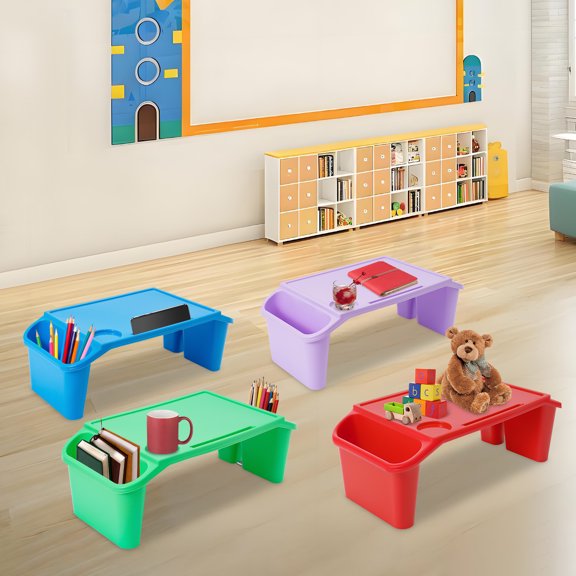 4-Pack Lap Desk Trays, Portable Lightweight Plastic Activity Trays with Storage Compartments, Non-Slip Feet & Cup Holder Stackable with Side Pockets for Writing, Eating,Snacks, Home