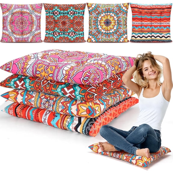 4 Pack Large 22 Inch Bohemian Floor Pillows Square Boho Floor Cushions Seating Pillows for Soft Yoga Meditation Pillow Mandala Pouf for Living Room Tatami Reading Nook(Exquisite)