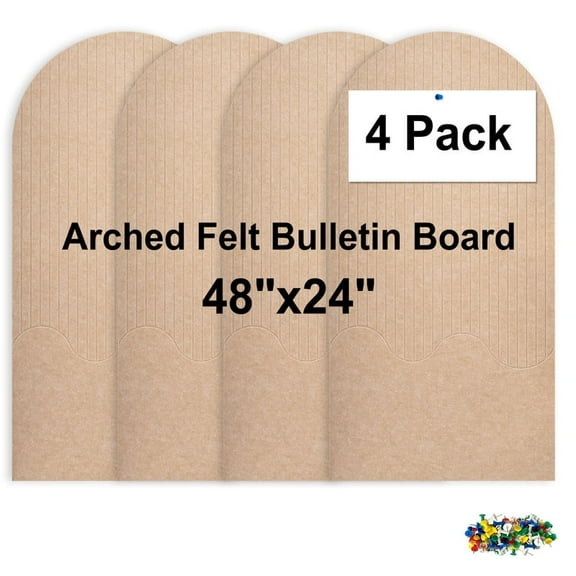 4 Pack Large Arch Felt Bulletin Board Push Pin Board 48"x24" Poster Board for Wall Decorative Cork Board Tiles Memo Board Track Board with Safe Removable Adhesive Tabs and Pushpins, Beige