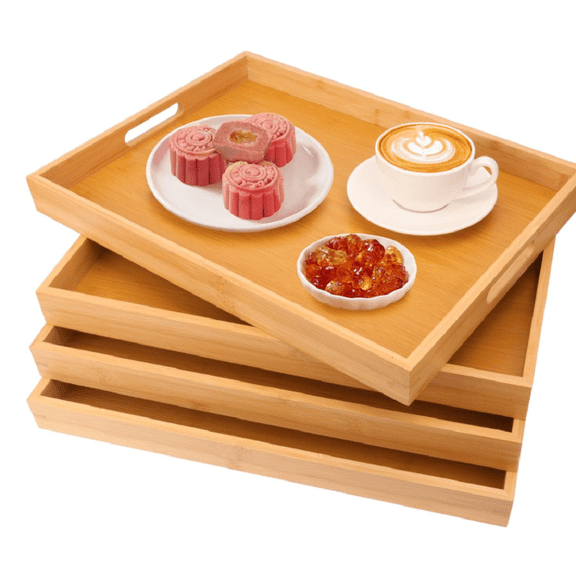 4-Pack Large Bamboo Trays with Handles - 18x13 Inches Home Kitchen Serving Trays, Multi-Purpose Trays, Picnic Coffee Breakfast Trays, Brown