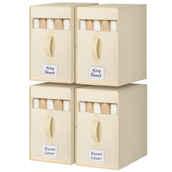 4 Pack Large Bed Sheet Organizers and Storage, (King & Queen Size) Sheet Organizer for Linen Closet, Foldable Bedding Storage Box with Window for Bedsheets, Blanket, Duvet Cover Beige