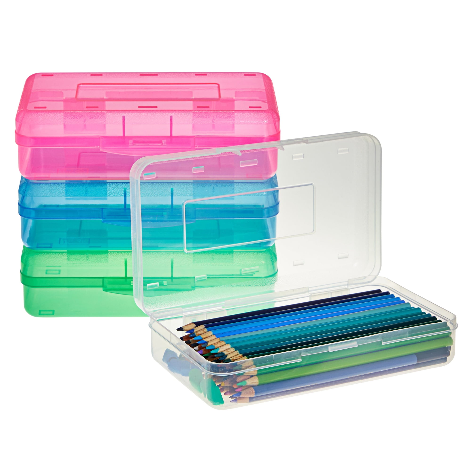 4-Pack Large Capacity Plastic Pencil Boxes for Student School Pens,  Markers, Crayons, Colorful Clear Stackable Cases for Office Supplies,  Storage