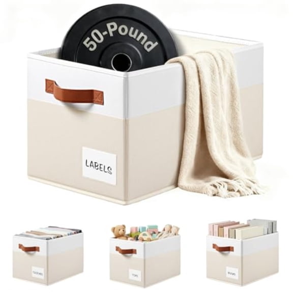 4 Pack Large Closet Storage Baskets for Shelves - 14x10 Heavy Duty Closet Shelf Organizer Bins with Handles Labels - Decorative Collapsible Baskets for Organizing Living Room Bedroom Nursery Dorm