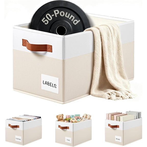 4 Pack Large Closet Storage Baskets for Shelves - 14x10 Heavy Duty Closet Shelf Organizer Bins with Handles & Labels - Decorative Collapsible Baskets for Organizing Living Room Bedroom Nursery Dorm