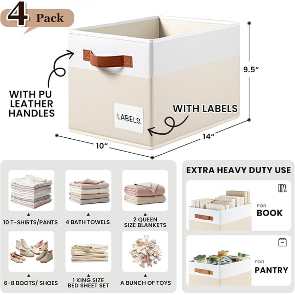 4 Pack Large Closet Storage Baskets for Shelves - 14x10 Heavy Duty Closet Shelf Organizer Bins with Handles & Labels - Decorative Collapsible Baskets for Organizing Living Room Bedroom Nursery Dorm