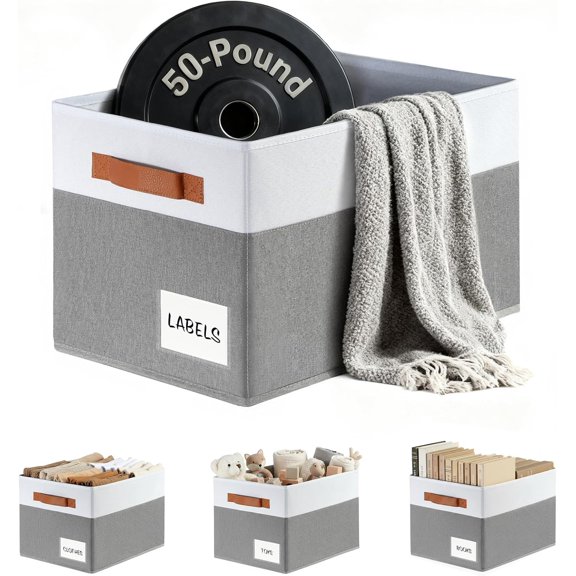 4 Pack Large Collapsible Storage Baskets for Shelves, Heavy-Duty Closet Organizer Bins with Handles and Labels, Decorative Beige Baskets for Living Room, Bedroom, Nursery, Dorm