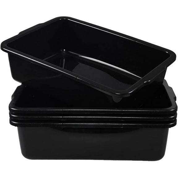 4 Pack Large Commercial Bus Tubs, 32 Liter Rectangle Dishpan, Black Plastic Meat Tubs