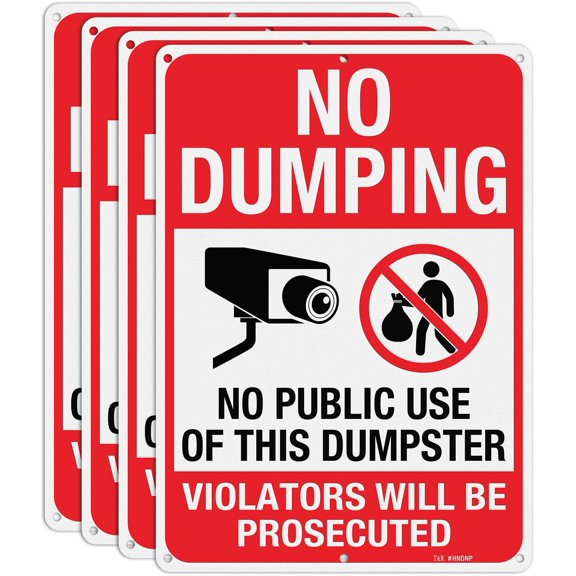 4 Pack Large No Dumping Sign, No Public Use of This Dumpster Sign, 8" x 12" Rust Free Aluminum Reflective, Weather Resistant, Waterproof, Fade Resistant
