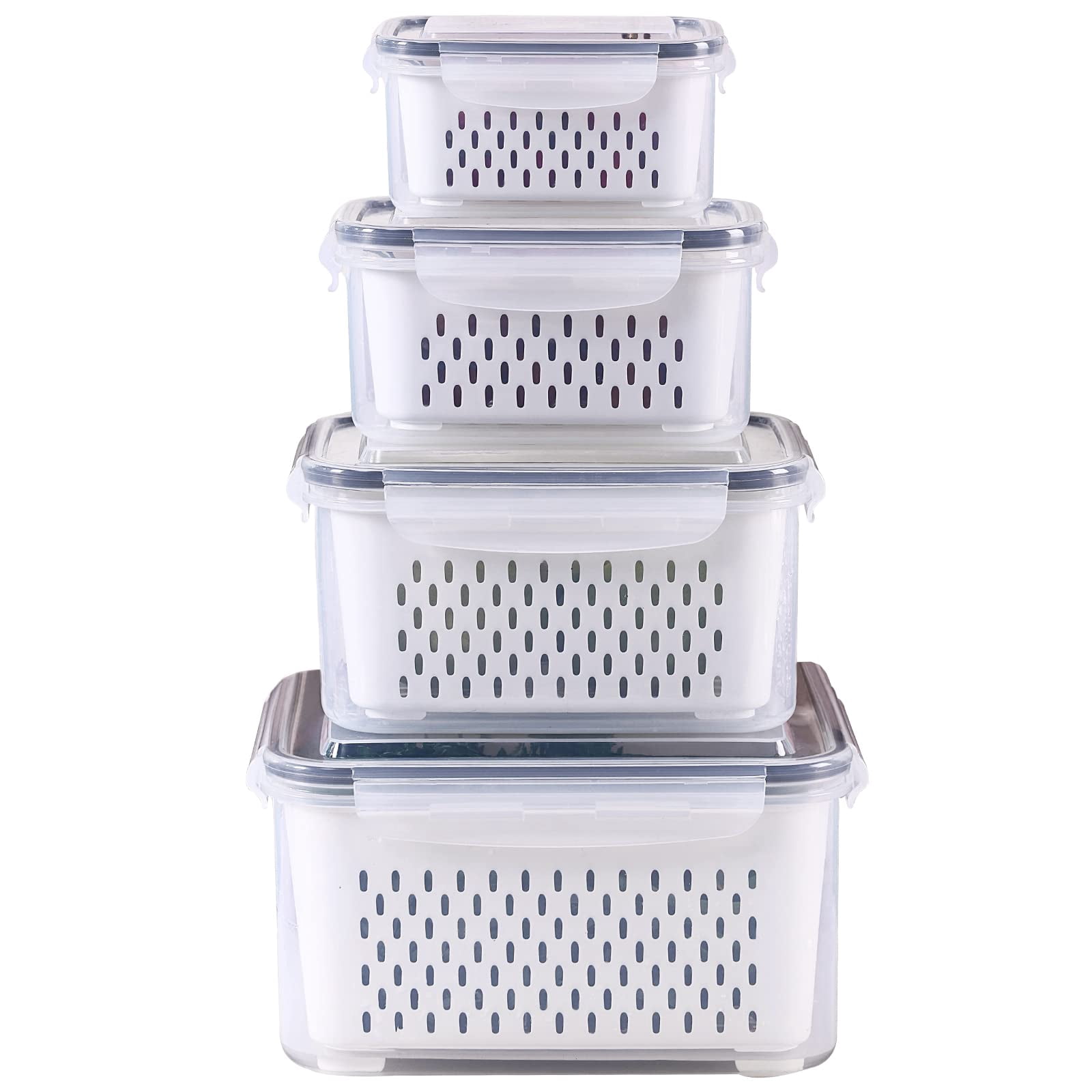 4 Pack Large Fridge Food Storage Container Set With Lids Strainer  Fruit Vegetable Containers Keep Fruits Vegetables Berry Meat Fresh Longer Plastic Produce Keepers