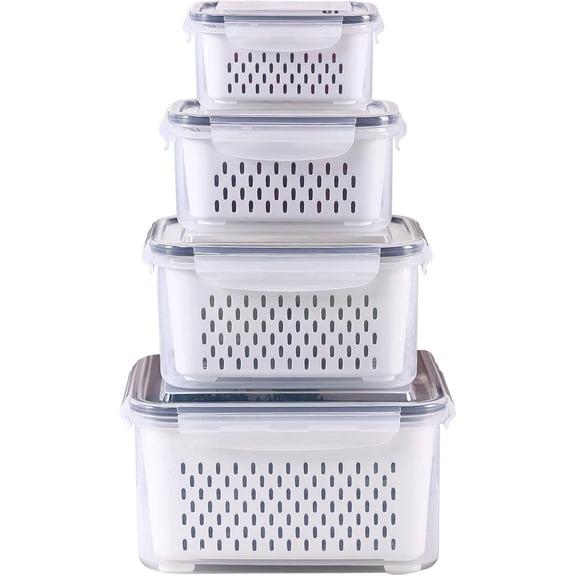 4 Pack Large Fridge Food Storage Container Set with Lids with Strainer, Fruit Vegetable Storage Containers Keep Fruits, Vegetables, Berry, Meat Fresh longer , BPA-Free Plastic Produce Keepers