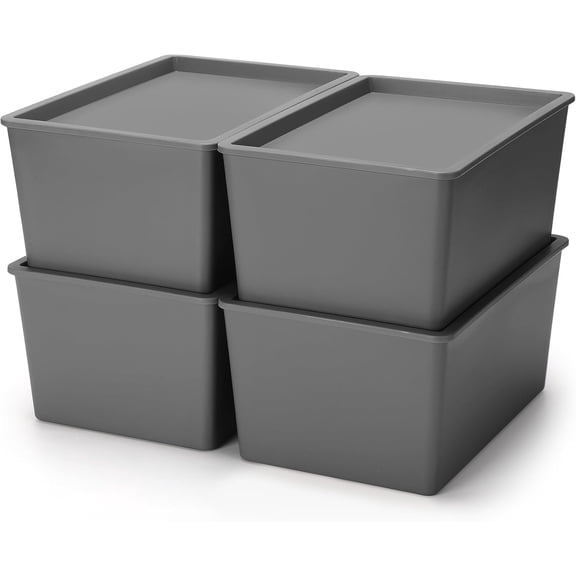 4-Pack Large Gray Plastic Storage Bins with Lids, Stackable Organizer Containers for Shelves and Christmas Ornaments