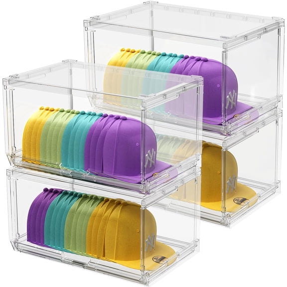 4 Pack Large Hat Organizer Box, Stackable Clear Baseball Caps Holder Box Containers with Sliding Door for Hats Snapback Cap Storag, Hat Rack Display Case, Holds 20 Hats Each -Clear