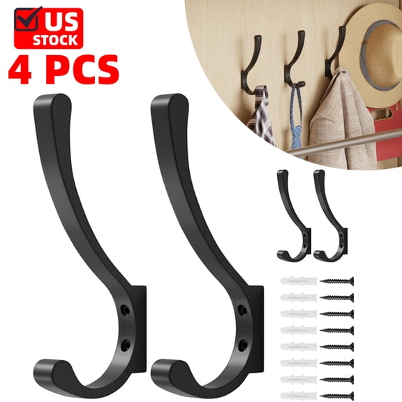4 Pack Large Heavy Duty Wall Hooks - Black Metal Coat & Bag Hooks, Screw In, Mounted, Holds Coats, Backpacks, Purses