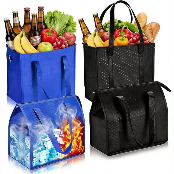 4-Pack Large Insulated Reusable Shopping Bags, Heavy Duty Thermal Cooler Bags for Groceries and Frozen Food, Zippered Grocery Tote for Food Transport, Black and Blue