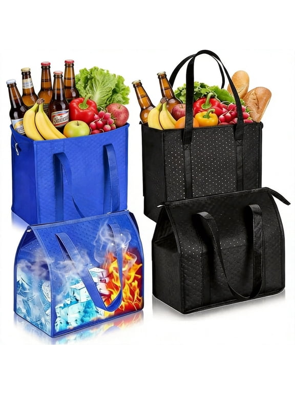 4-Pack Large Insulated Reusable Shopping Bags, Heavy Duty Thermal Cooler Bags for Groceries and Frozen Food, Zippered Grocery Tote for Food Transport, Black and Blue