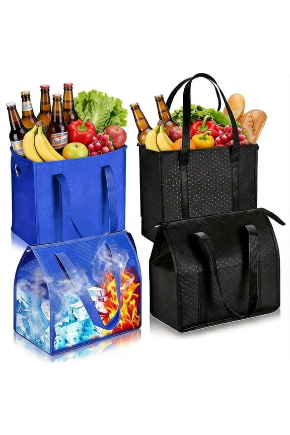 4-Pack Large Insulated Reusable Shopping Bags, Heavy Duty Thermal Cooler Bags for Groceries and Frozen Food, Zippered Grocery Tote for Food Transport, Black and Blue