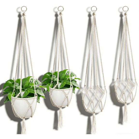 4 Pack Large Macrame Plant Hanger Kit, 35" 39" 41" 47" Hanging Plant Holder Rope with Hoops Tassels, Large Hanging Baskets Net for Flower Indoor Outdoor Boho Home Decor (White)