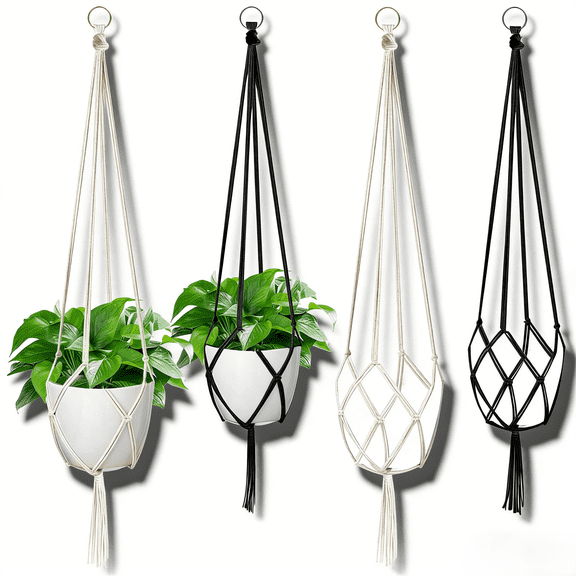 4 Pack Large Macrame Plant Hanger Kit, 41" 47" Hanging Plant Holder Rope with Hoops Tassels, Large Hanging Baskets Net for Flower Indoor Outdoor Boho Home Decor (White, Black)