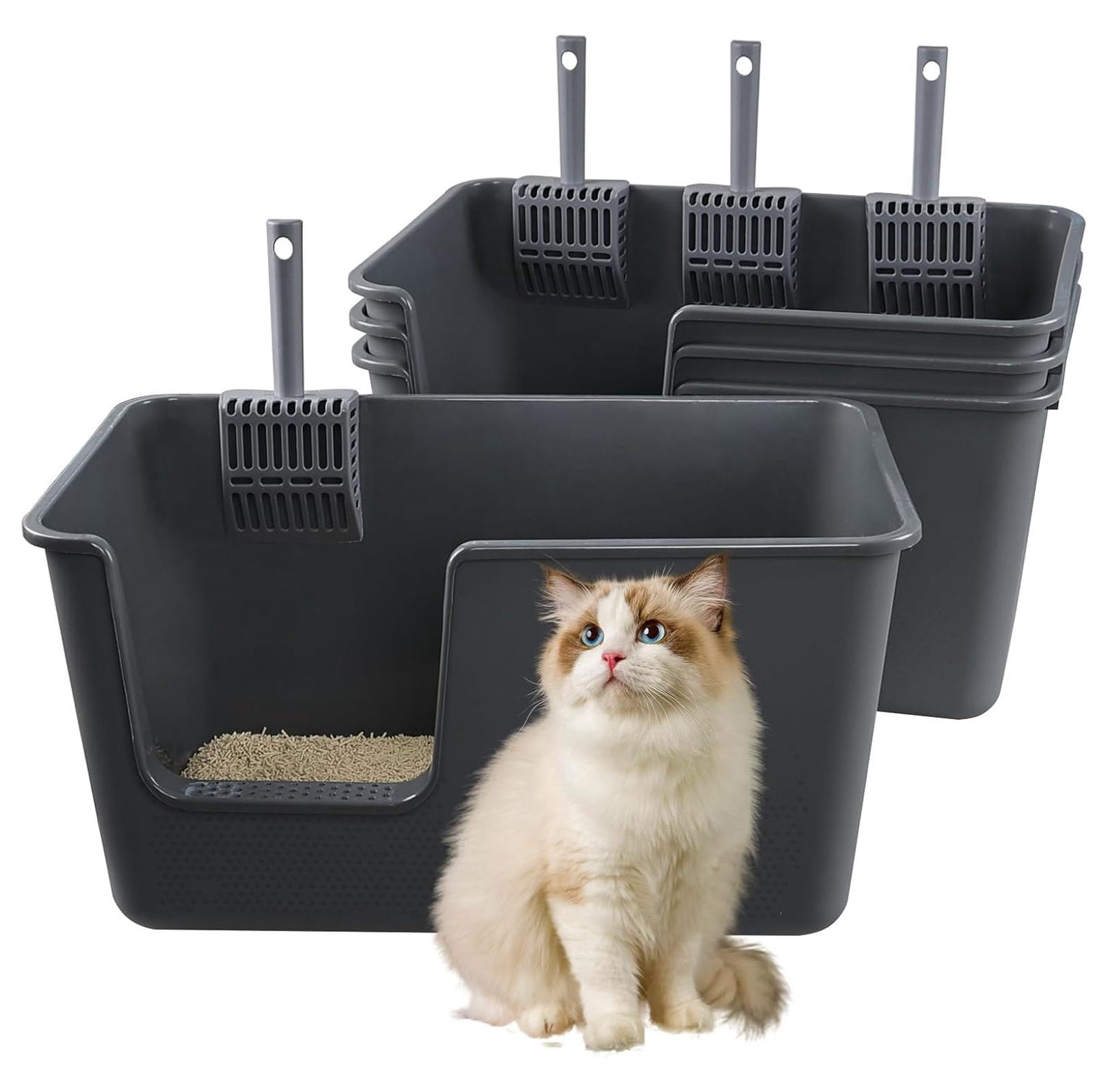 4-Pack Large Open High Sided Cat Litter Box, Anti-Splashing Kitty Litter Box with , Gray