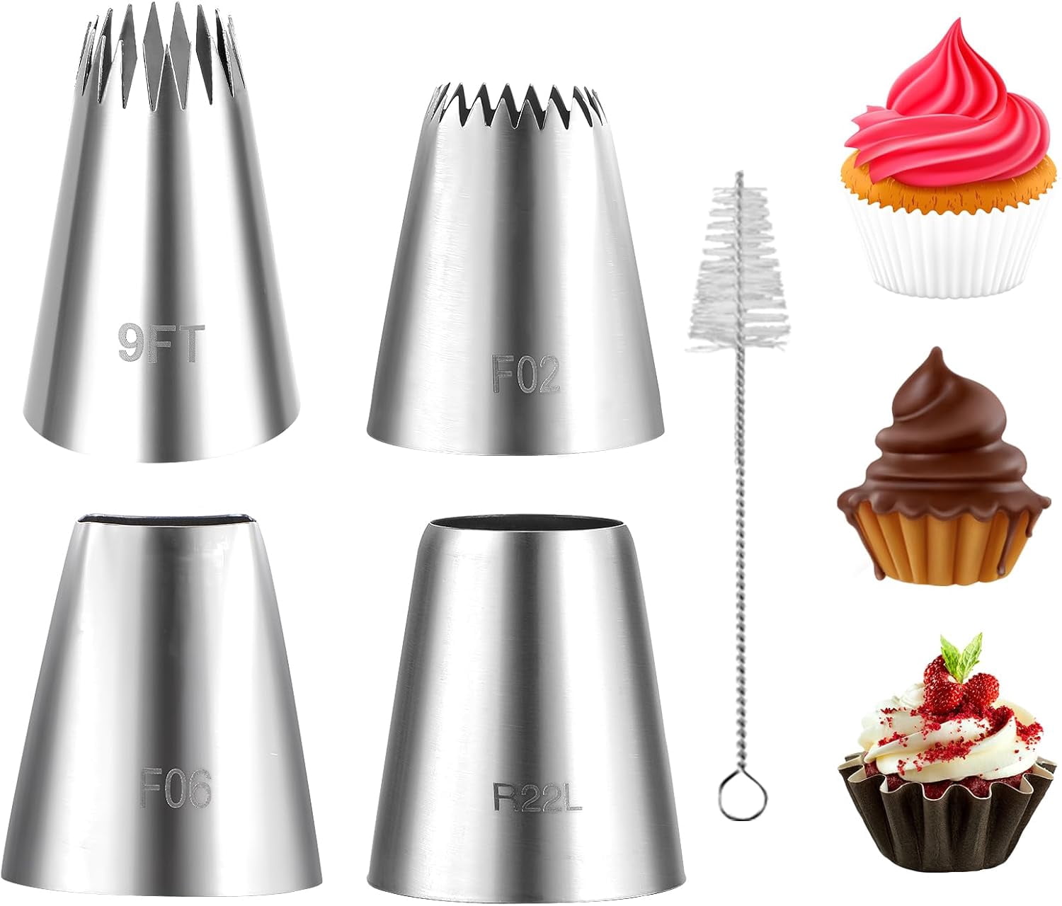 Extra Large Piping Tips Set - 5 Stainless Steel Icing Nozzles + Cleaning Tool, Cake Decorating Supplies For Cupcakes, Cakes, Cookies