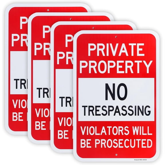 4 Pack Large Private Property No Trespassing Sign, Violators Will Be Prosecuted, 12"x 8" Rust Free Aluminum – Reflective, UV Protected and Weatherproof