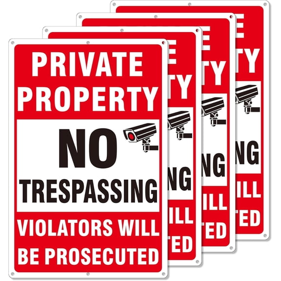 4 Pack Large Private Property No Trespassing Signs, Aluminum No Trespassing Video Surveillance Sign, No Trespassing Signs–Weatherproof and Highly Visible for Property Protection