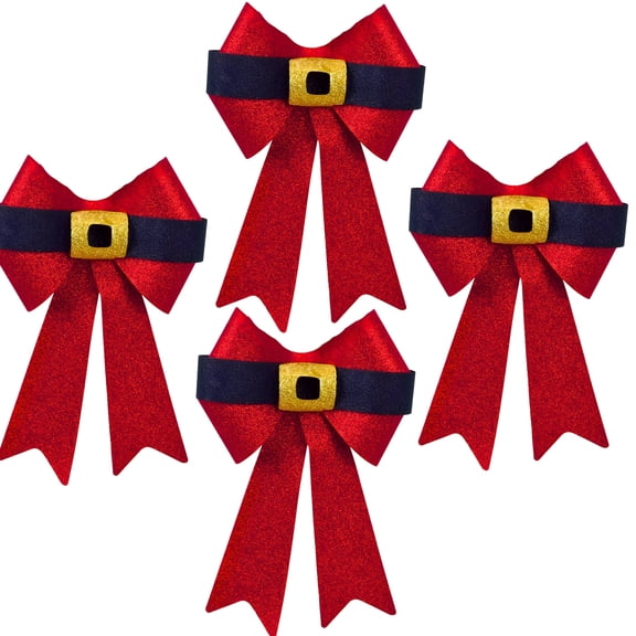 4-Pack Large Red Glitter Santa Belt Bows, 13in. x 9in. Christmas Decorative Ribbon with Black Belt and Gold Buckle for Door Wreaths Garlands Trees Holiday Decor