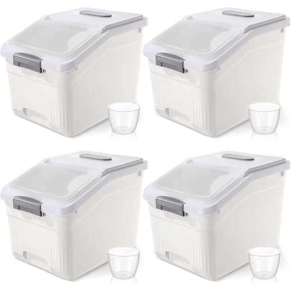 4 Pack Large Rice Storage Containers 30 Lbs Airtight Flour Container with Seal Locking Lid and Measuring Cup Kitchen Dry Food Storage Bins for Cereal Sugar Beans (Creamy White)