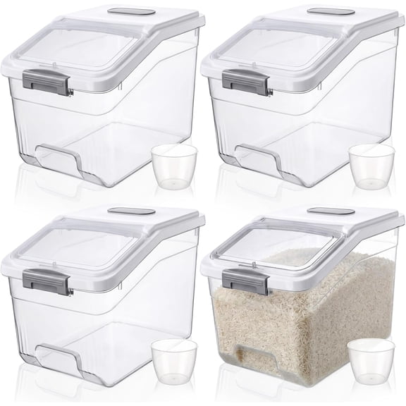 4 Pack Large Rice Storage Containers 30 Lbs Airtight Flour Container with Seal Locking Lid and Measuring Cup Kitchen Dry Food Storage Bins for Cereal Sugar Beans(Transparent and White)
