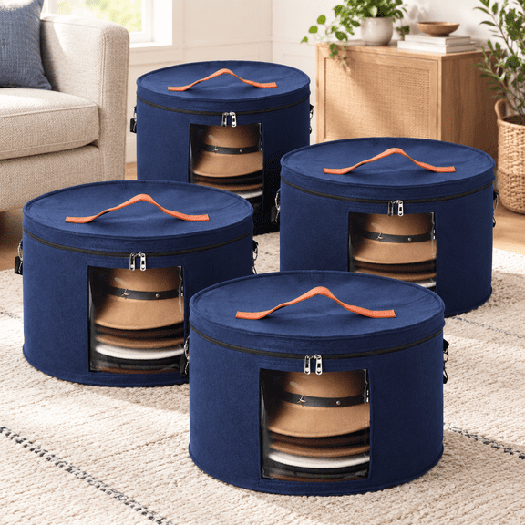 4 Pack Large Round Blue Felt Foldable Hat Storage Boxes with Lid Handles