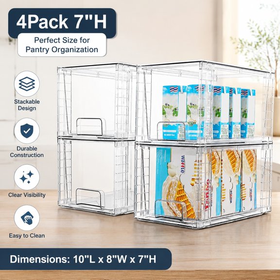 4-Pack Large Stackable Clear Pantry Storage Drawers with Handles, Acrylic Organizer Bins for Kitchen, Bathroom, Cabinet, and Undersink Storage