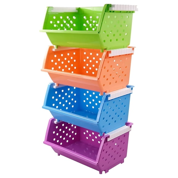 4-Pack Large Stackable Storage Bins, Colored Plastic Stacking Basket