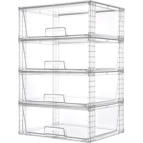 4 Pack Large Stackable Storage Drawers,Easily Assemble Acrylic Bathroom Closet Undersink Organizers and Storage,Plastic Storage Bins for Kitchen Cabinets,Pantry,Makeup,Medicine Organization
