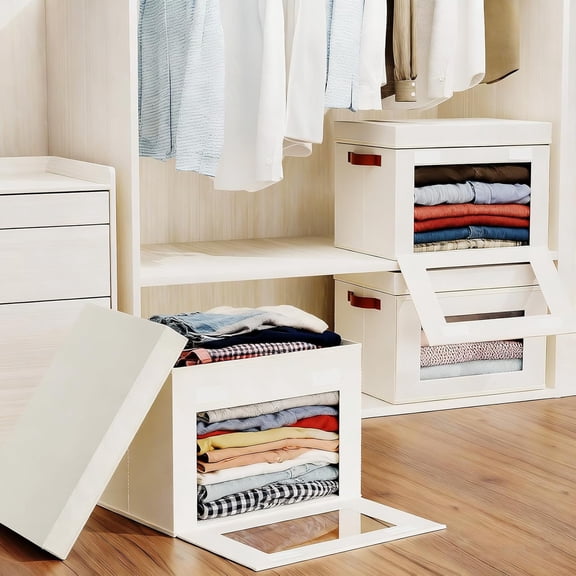 4-Pack Large Storage Bins with Lids, Stackable & Collapsible Closet Storage Bins, Oxford Fabric Organizer Box with Clear Window, Large Decorative Storage Boxes for Closet, Dorm 16.5"x11.8"x11"