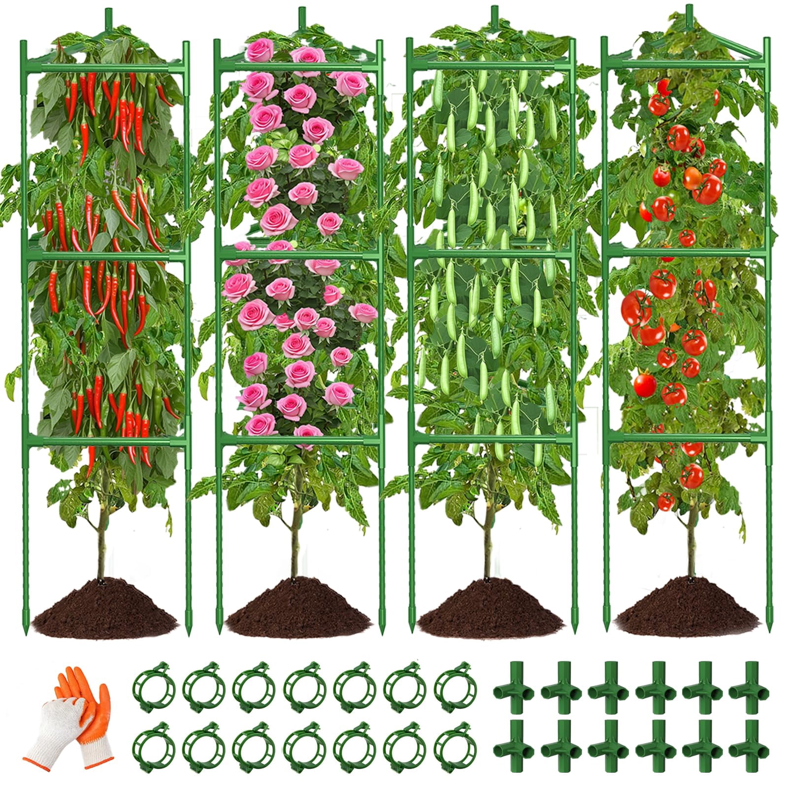 4 Pack Large Tomato Cage For Garden Up To 49" H X 16" W Metal Plant Support Stakes With Clips Triangle Pea Cages Cucumber Trellis Vegetables Pots Vines Flowers Climbing Plants