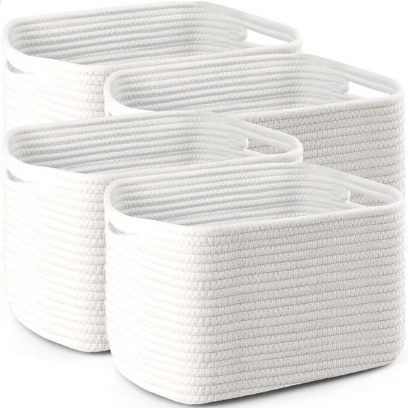 4 Pack Large Woven Storage Baskets with Handles, 16"L x 12"W x 8"H, Cotton Rope Organizer Bins for Toys, Towels, Books, Clothes, Closet and Shelf Storage
