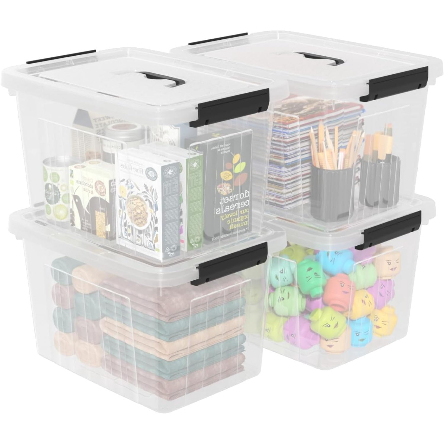 4-Pack Latching Box with Handle, 20L Clear Plastic Storage Bins with ...