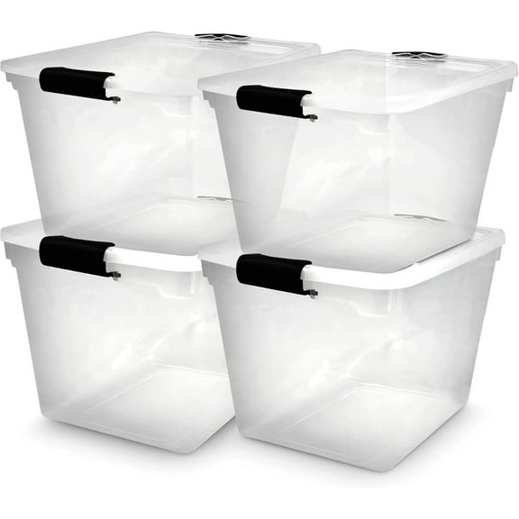 4-Pack Latching Lid, Large Clear Plastic Storage Bins with Lids, 31 Quart, Gray Latch - Stackable Container Boxes for Home, Bathroom, and Office Organization