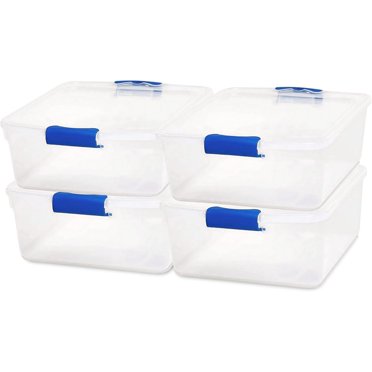 27 Qt Clear Plastic Latching Box – Blue Latches, Clear Lid, Heavy Duty Storage, 16x13x12