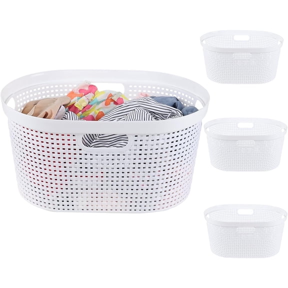 4 Pack Laundry Basket with Cutout Handle, White Plastic Laundry Hamper