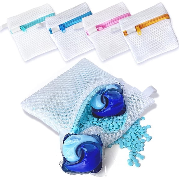 4 Pack Laundry Pod Bags with Zipper, Reusable Mesh Wash Bags for Anti-Sticking & Stain Prevention, Secure Holder for Detergent Pods & Scent Beads, Washer Safe Delicates Laundry Aid