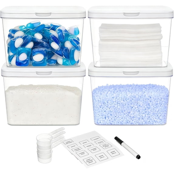 4 Pack Laundry Pods Container and Dryer Sheet Holder, Detergent Powder Container with Lids &Labels & Scoop for Laundry Room Organization, Laundry Storage for Powder, Pods, Scent Booster Beads