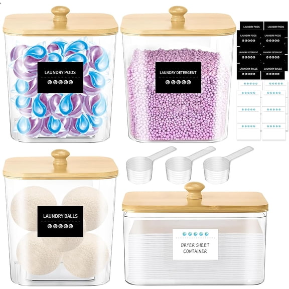 4-Pack Laundry Pods Container, Laundry Room Organization Containers,Large Laundry Detergent Powder Storage Containers with Wooden Lids & Labels,Clear Laundry Pod Holder for Scent Booster/Powder/Pods
