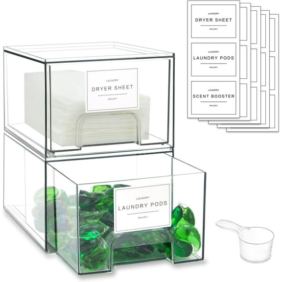 4 Pack Laundry Room Organization Storage Drawers with Labels, Clear Stackable Dryer Sheet Holder and Pod Containers, Detergent Dispenser for Laundry Room Organizing and Decor