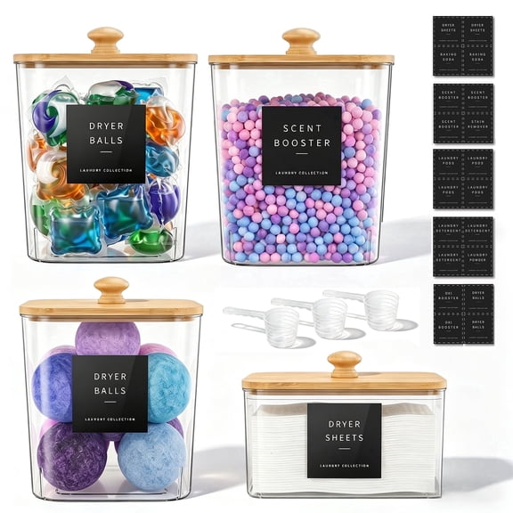 4-Pack Laundry Storage Containers with Wooden Lids, Clear Laundry Detergent Organizer Set for Pods, Powder & Dryer Sheets, Includes Labels and Scoops