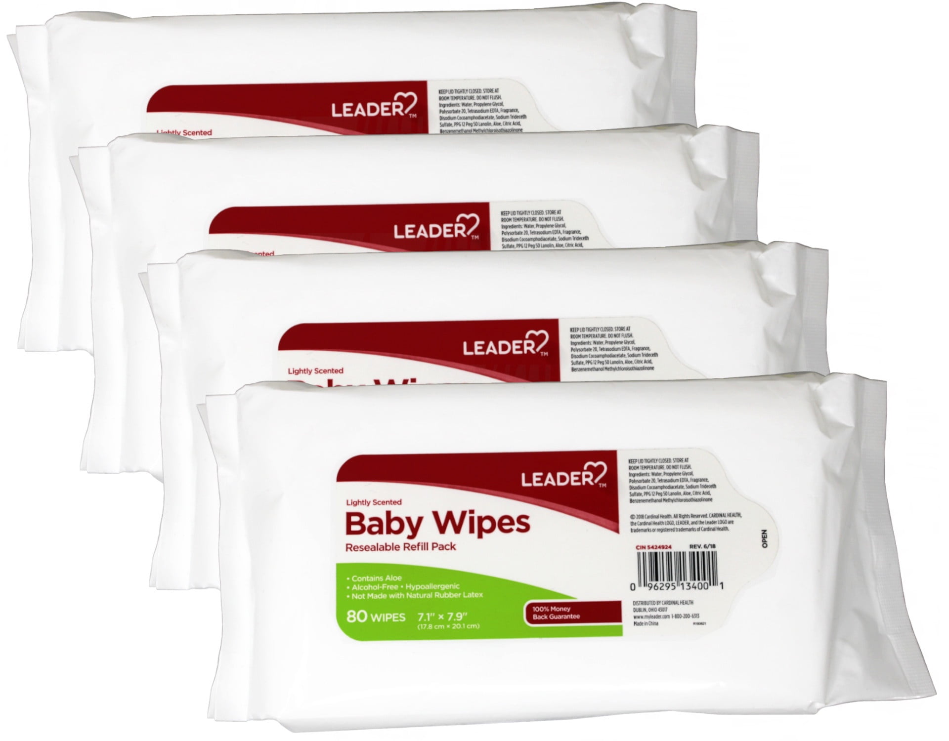 4 Pack - Leader Baby Wipes, Resealable Refill Pack, 7.1” x 7.9” (17.8 cm x 20.1 cm), Lightly Scented, 80 Count