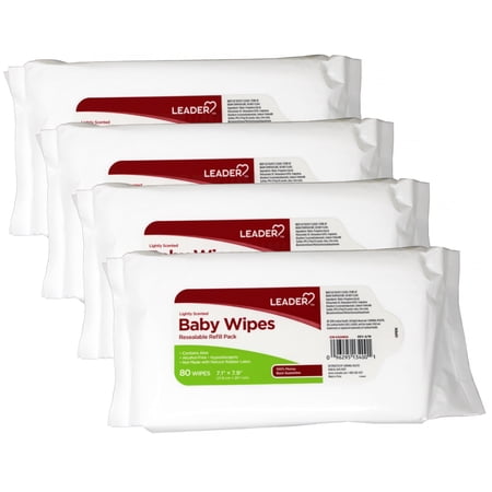 4 Pack - Leader Baby Wipes, Resealable Refill Pack, 7.1” x 7.9” (17.8 cm x 20.1 cm), Lightly Scented, 80 Count