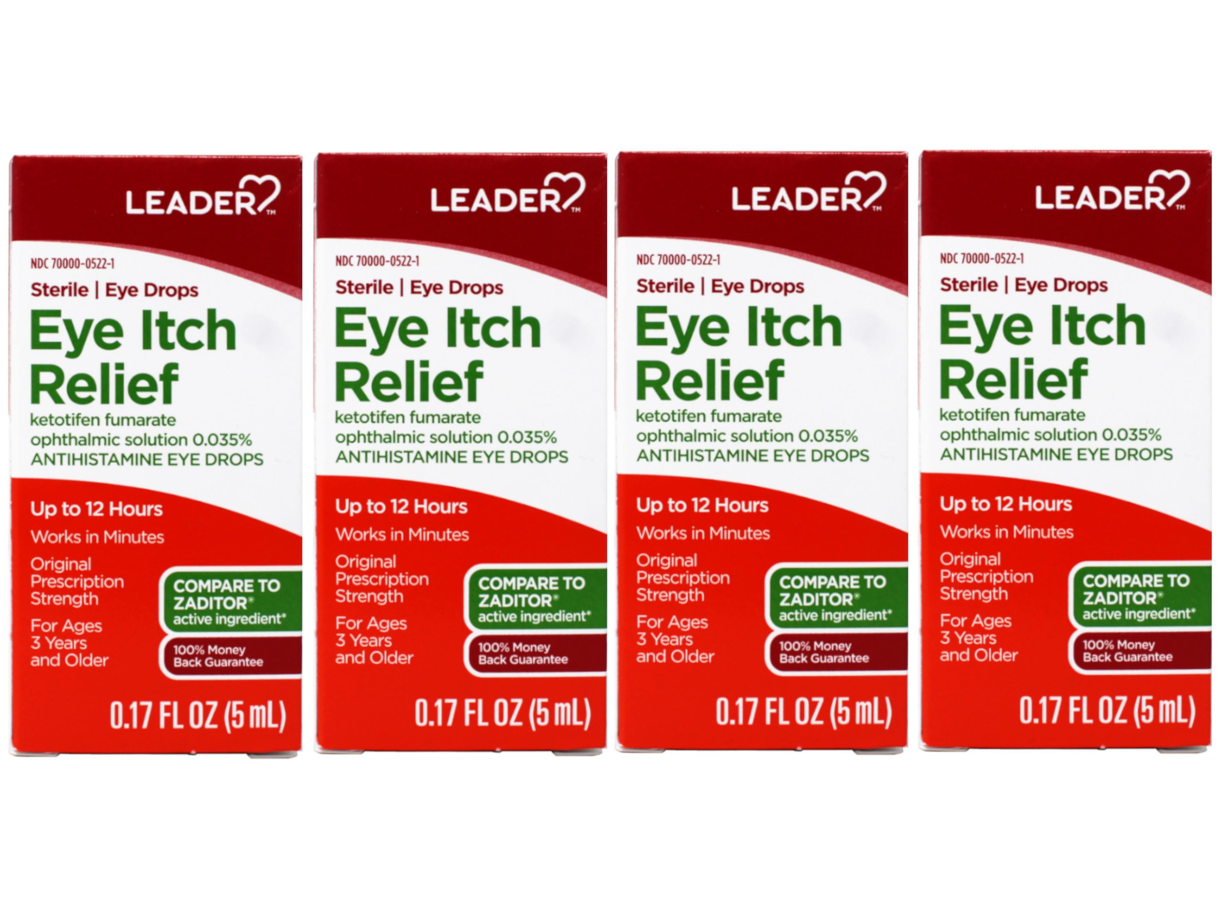 4 Pack - Leader Eye Itch Relief Drops, Ketotifen Fumarate 0.035%, Antihistamine, 0.17 fl oz