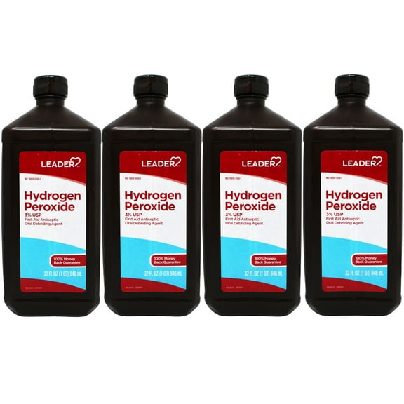 4 Pack - Leader Hydrogen Peroxide 3% USP Solution, First Aid Antiseptic, Oral Debriding Agent, 32 Fluid Ounces (1QT) 946 ML